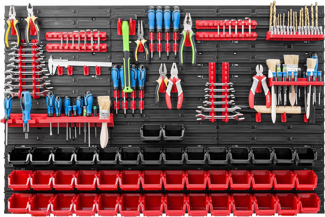 Lagersystem Werkstattregal | 117 x 78 cm | 44 stck. Box | Wandregal mit Werkzeughalterungen und Stap