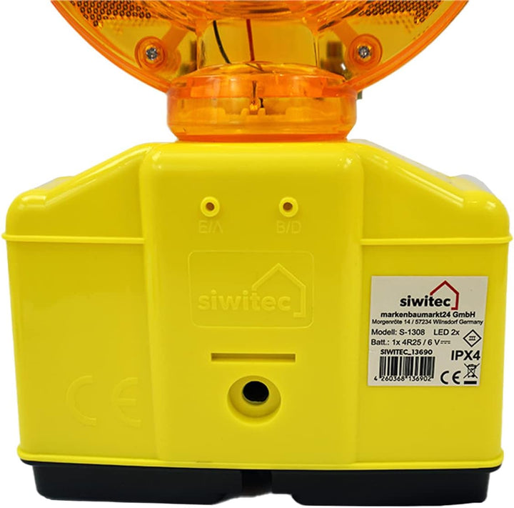 1 x siwitec LED Baustellenleuchte gelb inkl. 2 x Blockbatterien Typ 4R25 6V 7Ah, LED Warnleuchte für