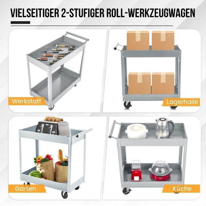 Werkzeugwagen Rollbar 2 Ebenen, Bis 150 kg Belastbar, Metall Werkstattwagen Mit Rollen, Schwerlast S