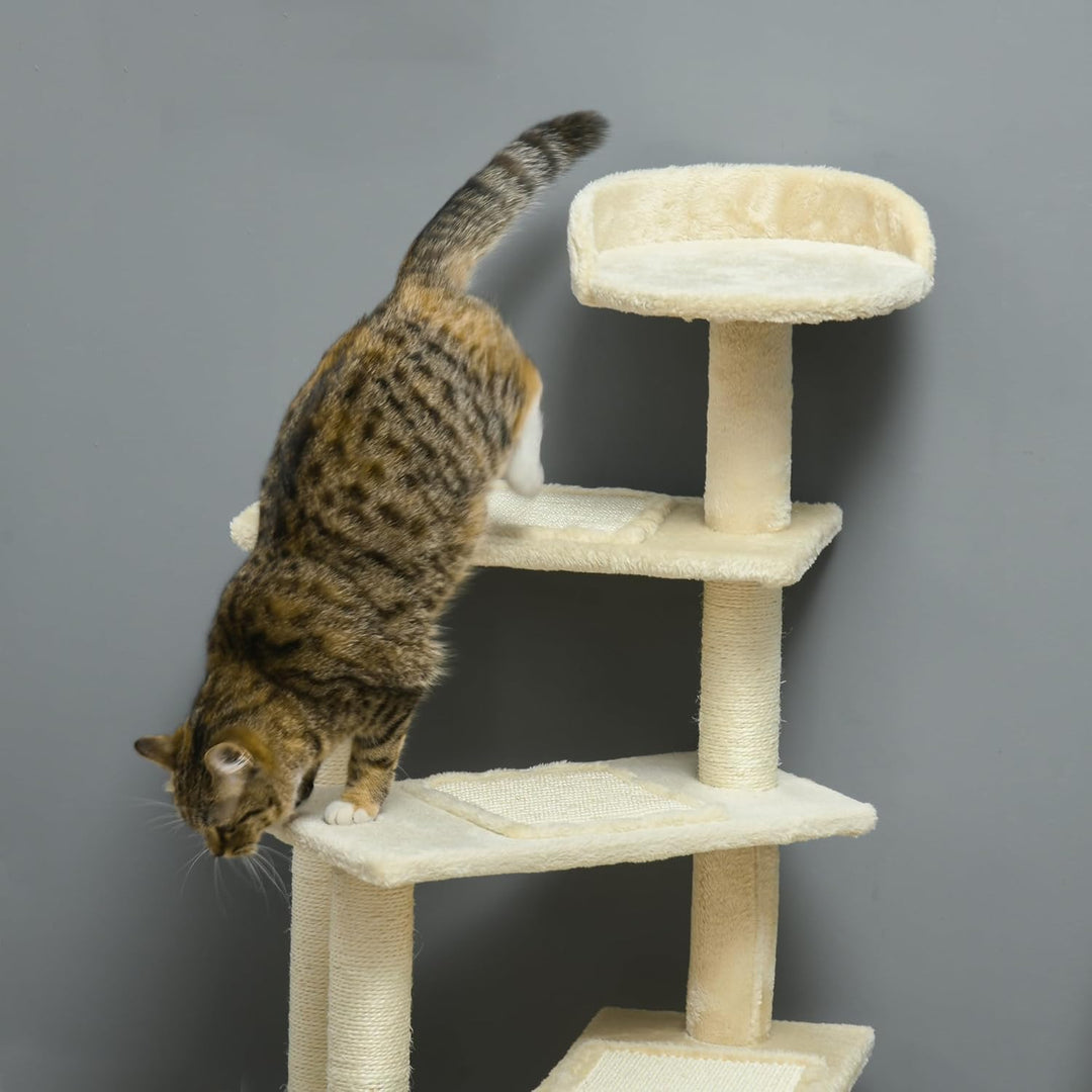 PawHut Kratzbaum 100 cm mit Sisalstämme für mittelgrosse Katzen Beige | Grosse Plattform, Mehrstöcki