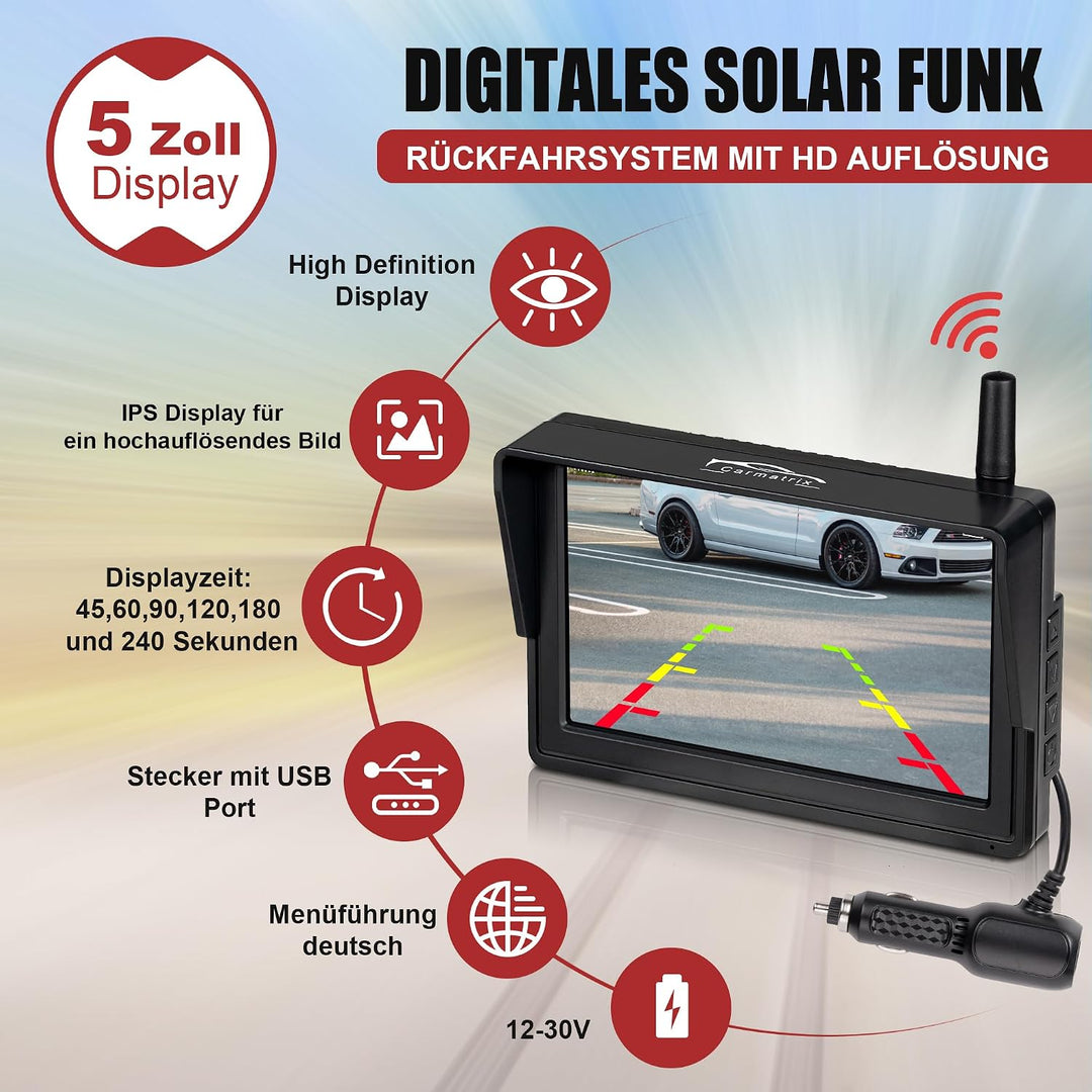 Solar Funk Auto Rückfahrsystem HD Rückfahrkamera im KFZ Nummernschild mit 5" IPS Monitor Vorne und H