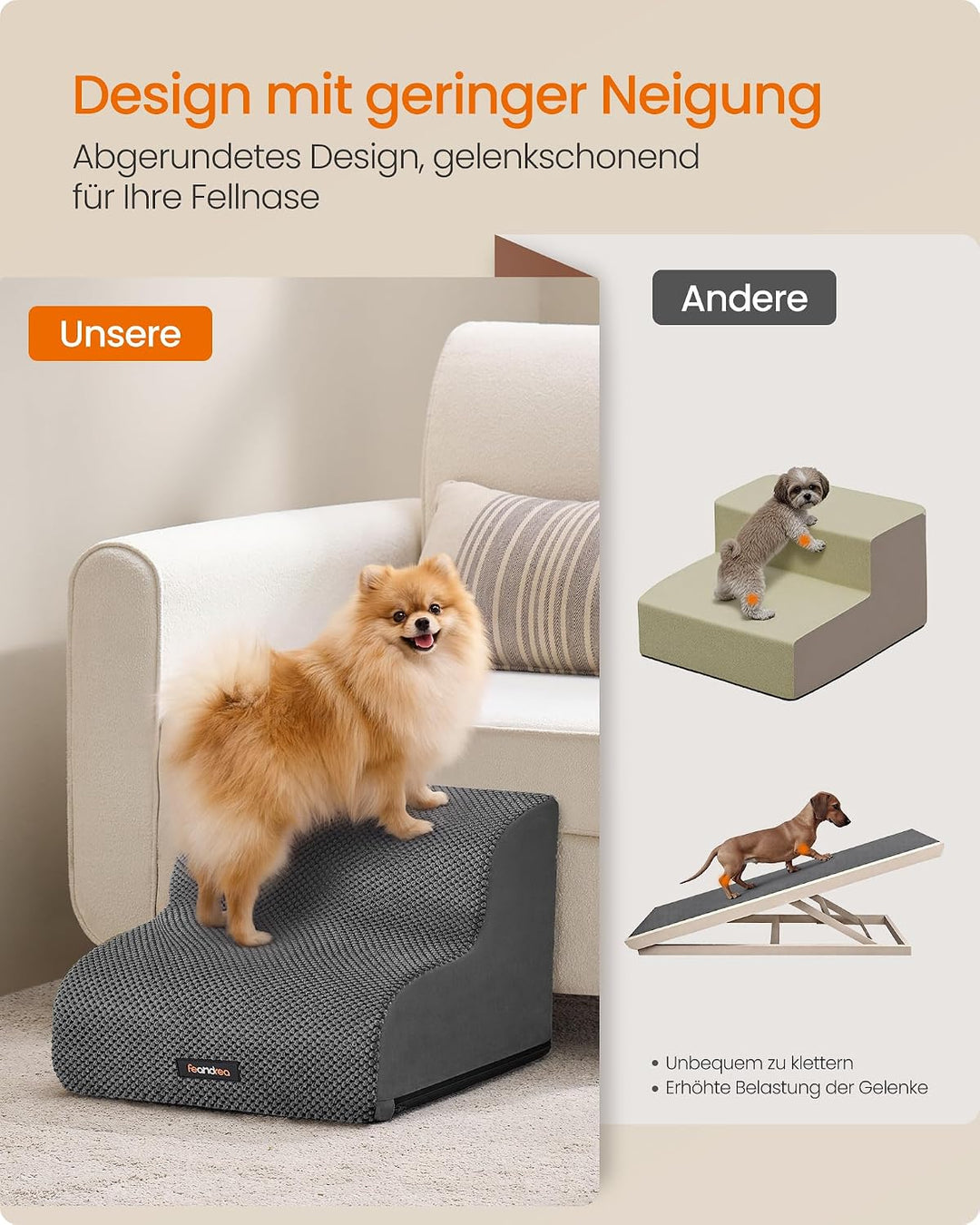 Feandrea Hundetreppe, 2 Stufen, wasserdicht, rutschfest, geringe Neigung | Haustiertreppe, Kurzplüsc
