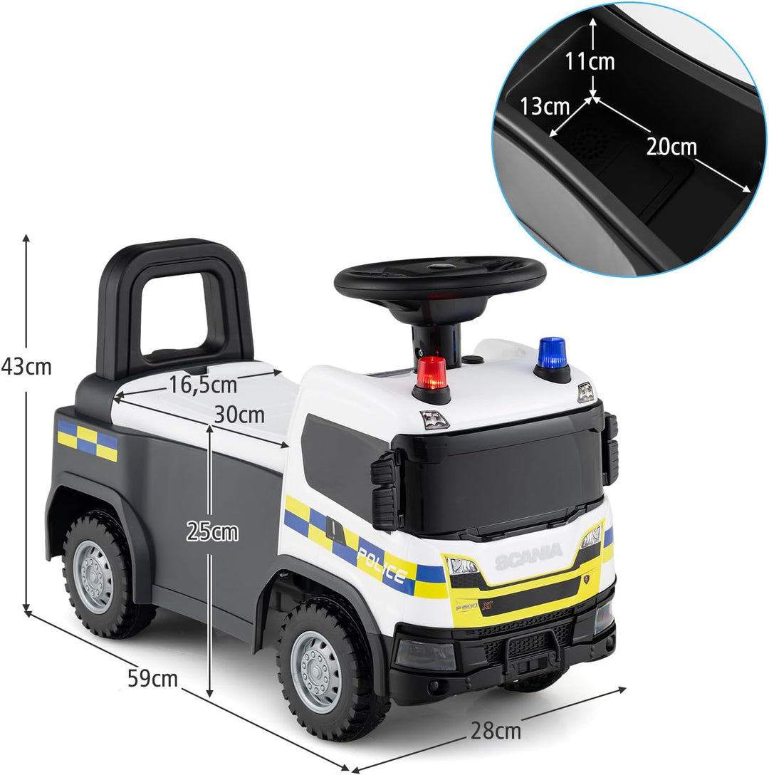 GOPLUS Kinder Rutschauto, 2 in 1 Schiebeauto, Polizeiauto mit Lichtern, Geräuschen & Stauraum unter
