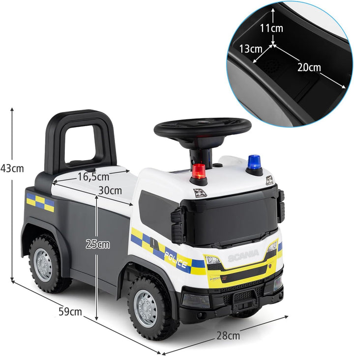 GOPLUS Kinder Rutschauto, 2 in 1 Schiebeauto, Polizeiauto mit Lichtern, Geräuschen & Stauraum unter