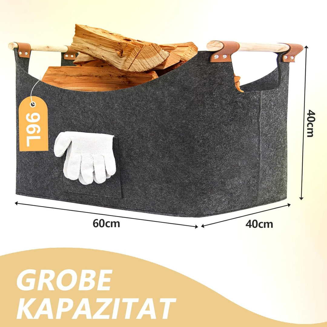 FINEW Holzkorb für Kaminholz 96L, Kaminholzkorb mit Handschuhen 60 x 40 x 40CM, Grosse Filzkorb Feue