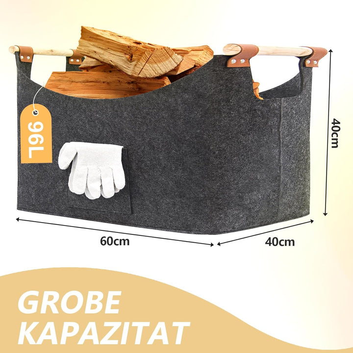 FINEW Holzkorb für Kaminholz 96L, Kaminholzkorb mit Handschuhen 60 x 40 x 40CM, Grosse Filzkorb Feue