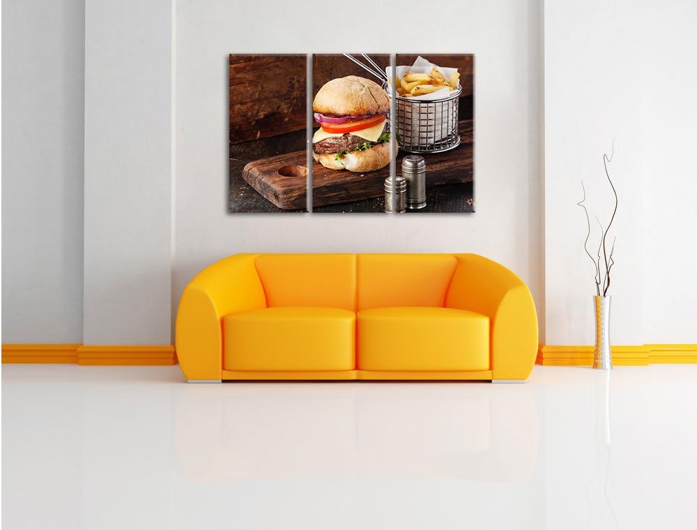 Pixxprint Cheesburger mit Pommes 3-Teiler Leinwandbild 120x80 Bild auf Leinwand, riesige Bilder fert