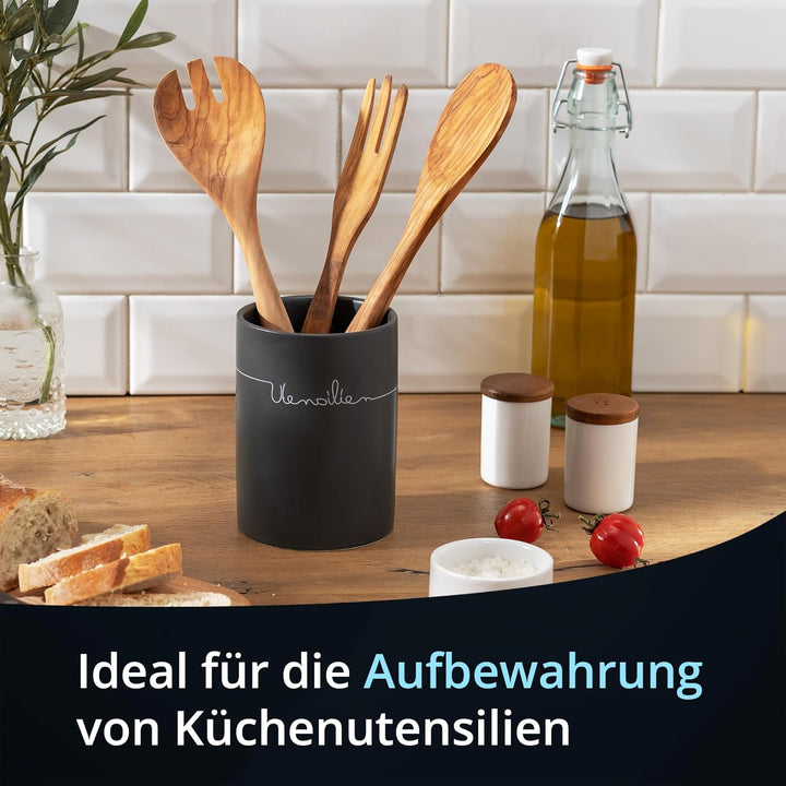 KHG Vorratsdosen Set für die Küche in Anthrazit-Grau mit Holz-Deckel, Vorratsdosen Keramik aus polie