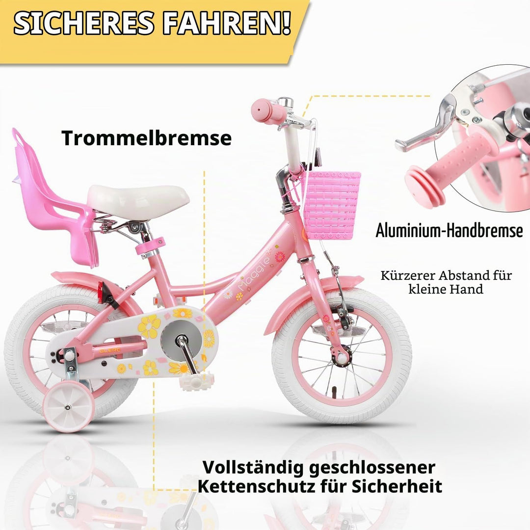 Glerc Maggie 12 14 16 Zoll KinderFahrrad für 2-7 Jahre Mädchenfahrrad alt mit Puppe-Sitz &amp; Stützräde