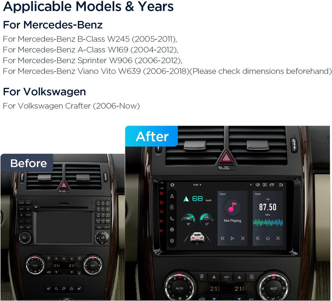 XTRONS Android 14 Autoradio DAB Plus für Mercedes-Benz W169 W245 Sprinter Viano für VW Crafter, 9 Zo