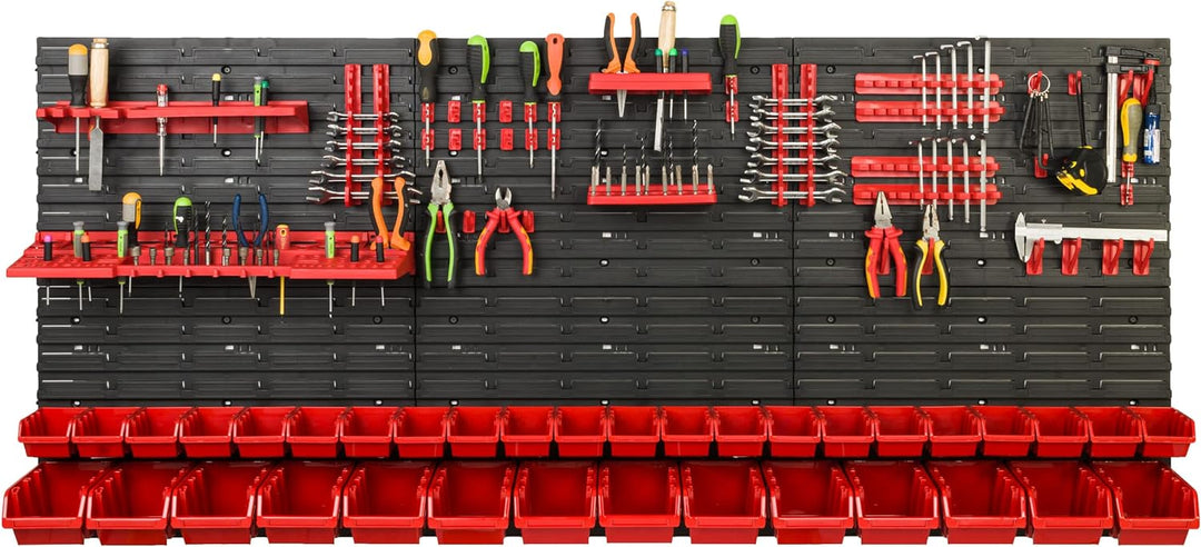 Lagersystem Werkstattregal | 172 x 78 cm | 36 stck. Box | Wandregal mit Werkzeughalterungen und Stap