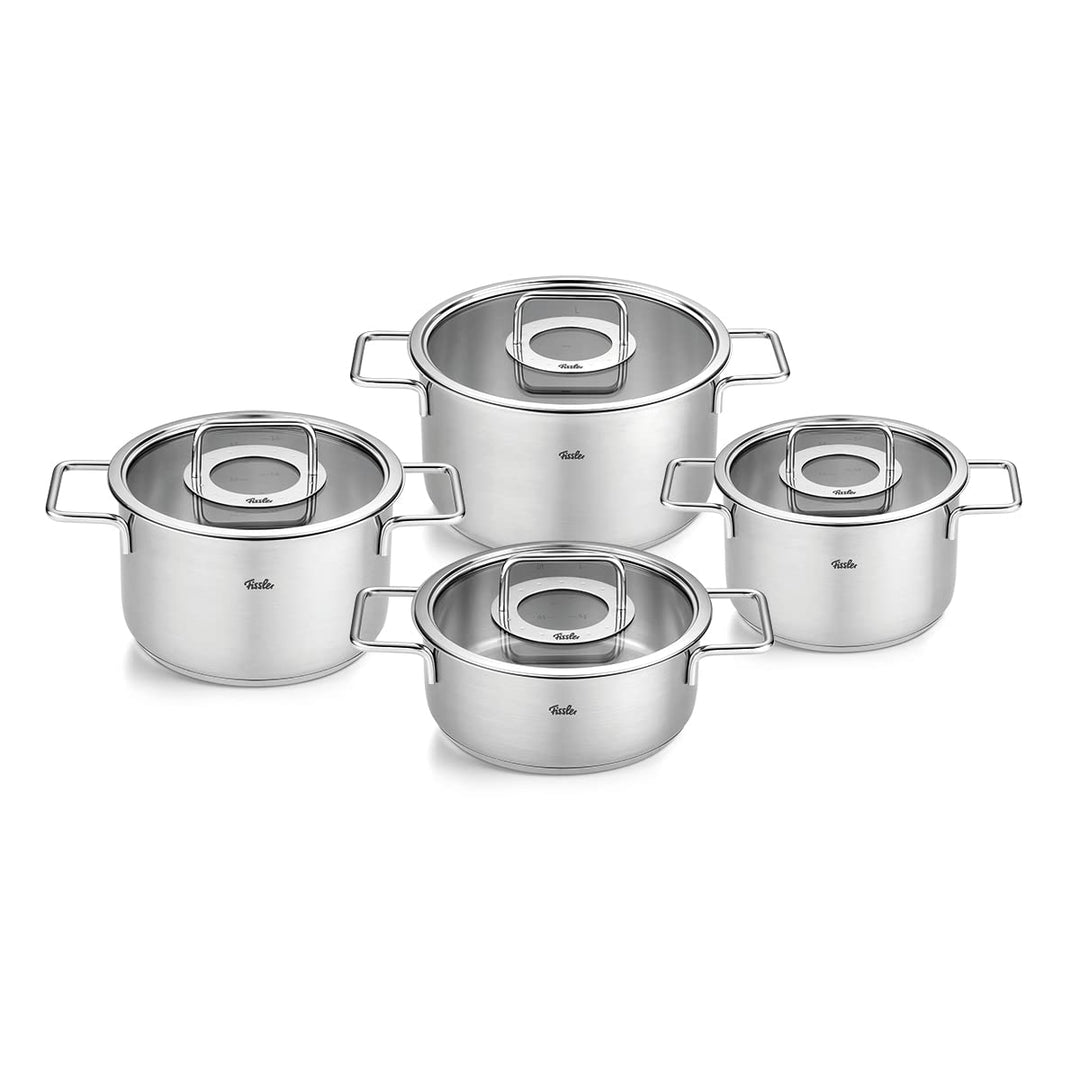 Fissler Pure Collection/Edelstahl-Kochtopfset, 4-teilig, Töpfe mit Glas-Deckel (3 Kochtöpfe,1 Braten