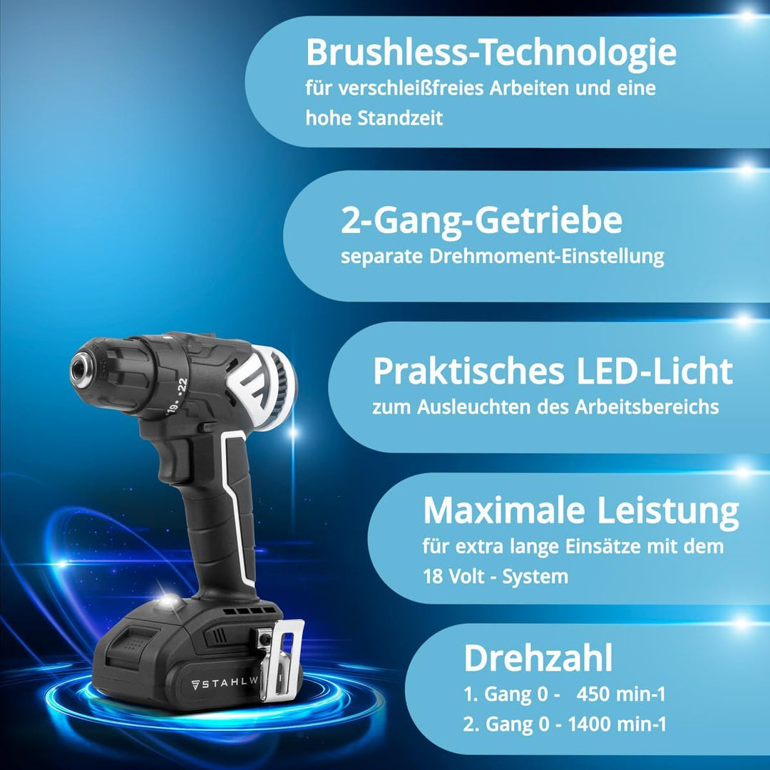 STAHLWERK Akkuschrauber 18 V Brushless (ABS-18 ST) – Akku-Bohrschrauber mit 2-Gang-Getriebe, LED-Lic