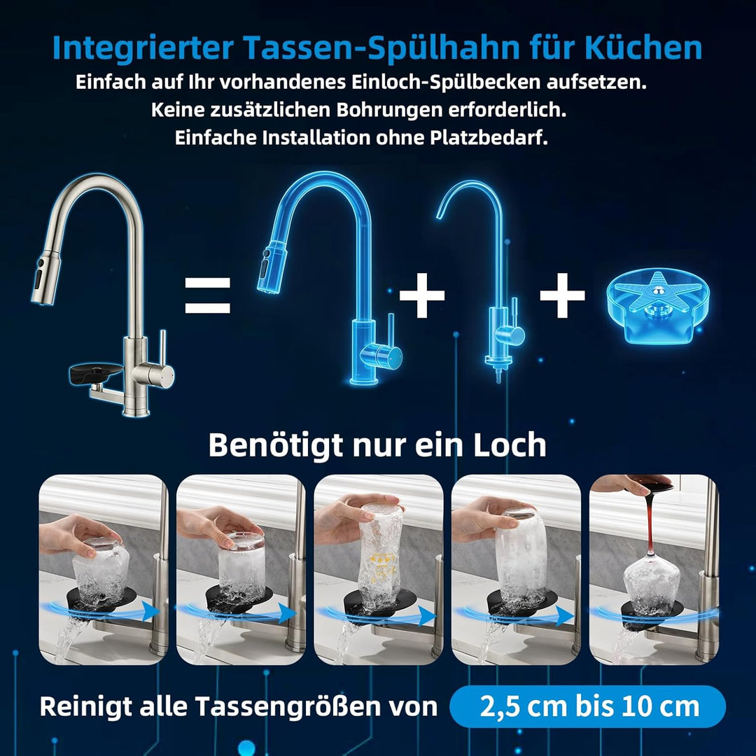 3 Wege Wasserhahn Küche Mynaiad Wasserfilter Glasspüler Ausziehbar Dual-Auslauf,360°-Drehung Küchena
