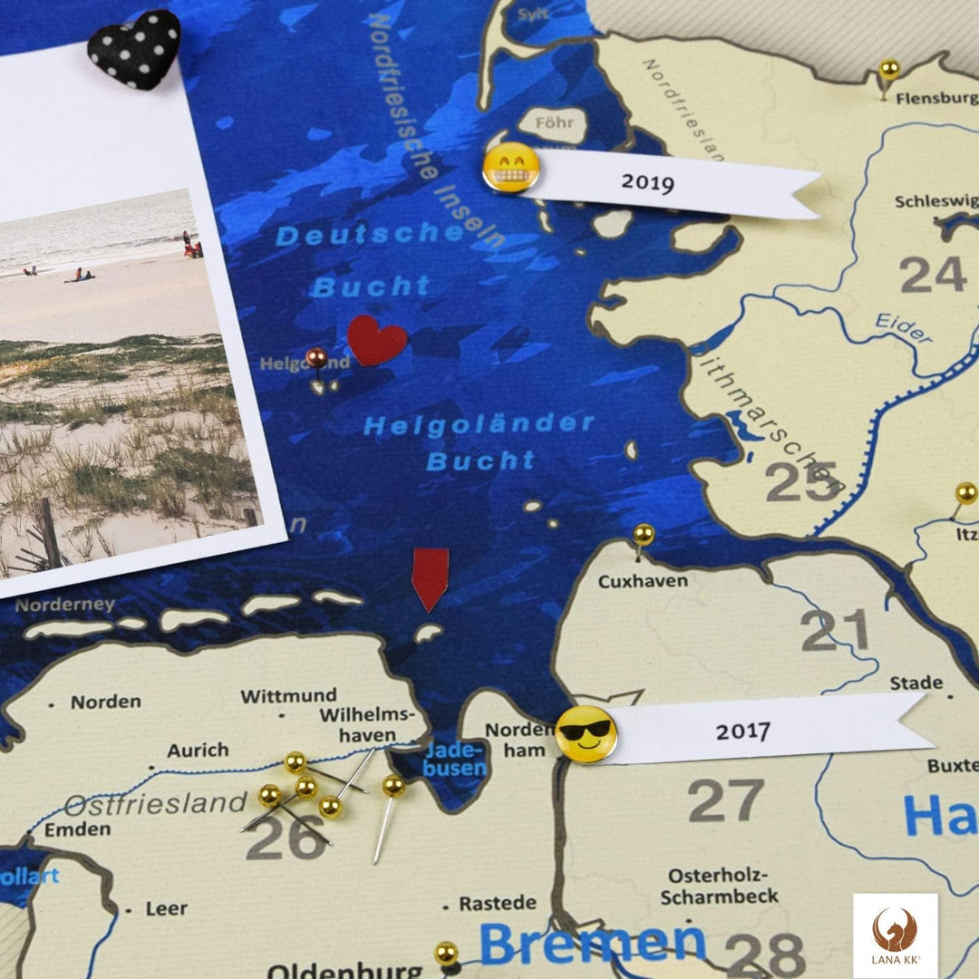 LanaKK – Deutschlandkarte Leinwandbild „Deutschlandkarte Blue Ocean” - deutsch - Kunstdruck-Pinnwand