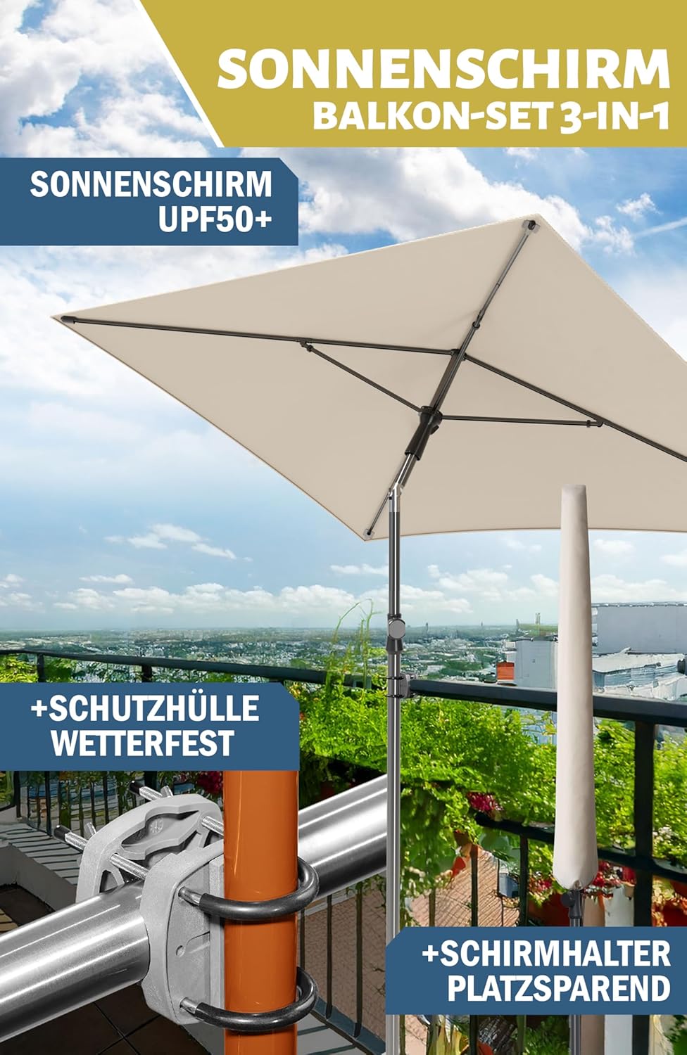 4smile Sonnenschirm Balkon SunnyShade, Sonnnenschutz Balkon SET 3-in-1, Anthrazit - UV50+ SunnyGuy S