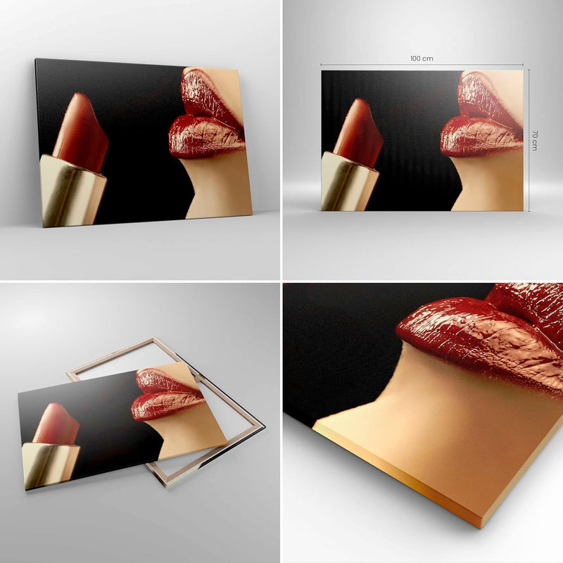 Bilder auf Leinwand 100x70cm Leinwandbild Frau rote Lippen Lippenstift Gesicht Gross Wanddeko Bild S