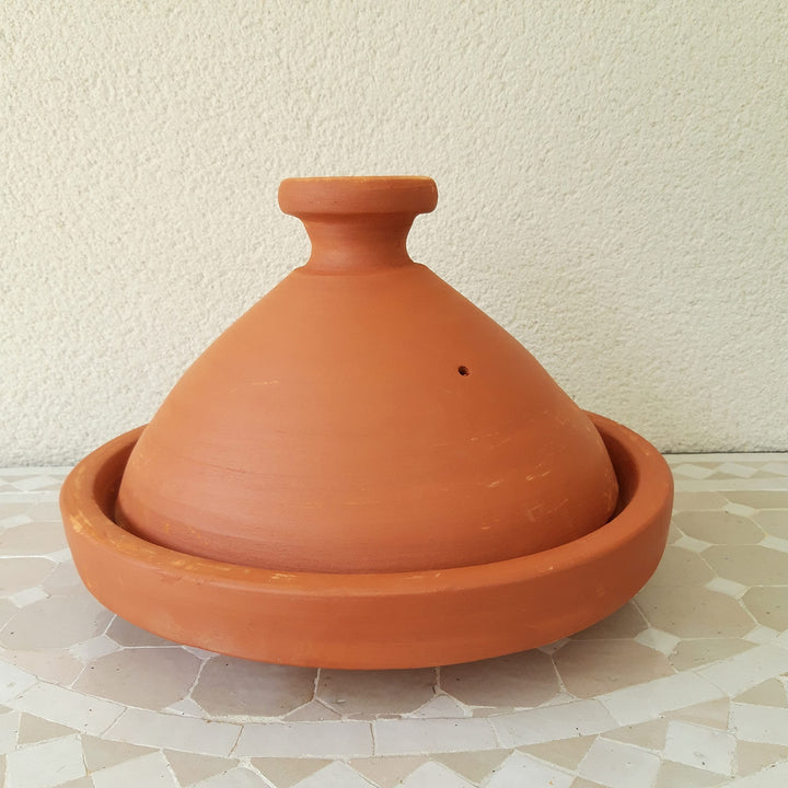 Marokkanische Tajine, original aus Marokko, unglasiert, Ø 34 cm, Rund, Natur, Tajin Tagine Tontopf z