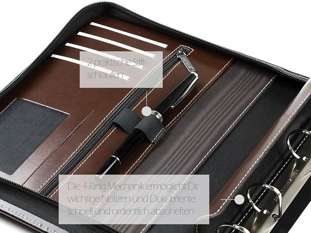 DELMON VARONE - Personalisierbare Ringbuch Schreibmappe DIN A5 aus Cambridge Top Grain Leder braun,