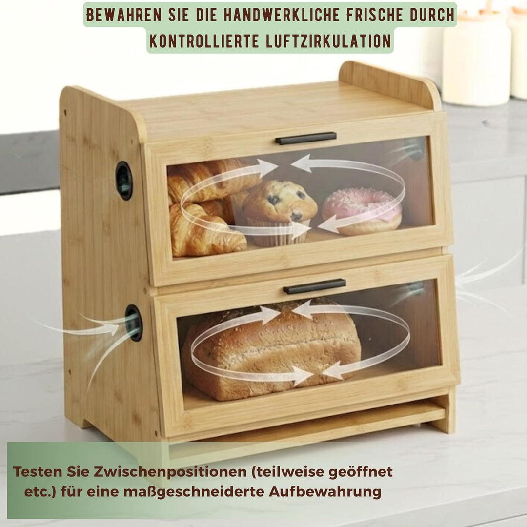 SWAYN Brotkasten aus FSC-zertifiziertem Bambus – Brotkasten mit 2 Etagen, verstellbare Belüftung für