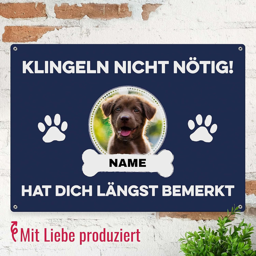 Hunde Schild personalisiert - Klingeln nicht nötig - Metallschild mit Foto und Name für aussen, wett