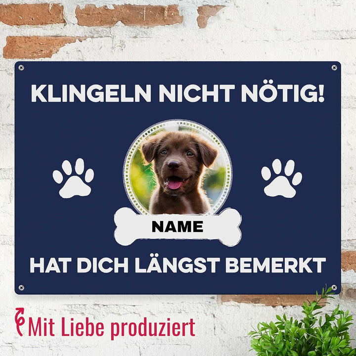 Hunde Schild personalisiert - Klingeln nicht nötig - Metallschild mit Foto und Name für aussen, wett