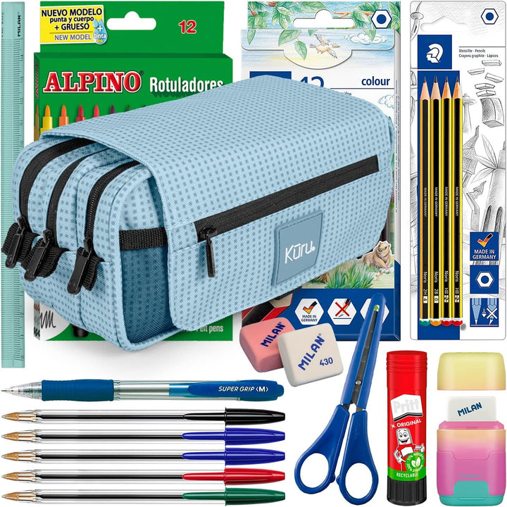 ColePack Kuru - Set aus Dreifach-Schulmappe mit 3 Reissverschlüssen und Schulbedarf der Top-Marken E
