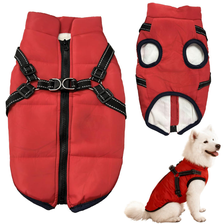 Hundemantel Wasserdicht mit Geschirr, Winter Warme Fleecejacke für Mittelgrosse und Grosse Hunde, Re