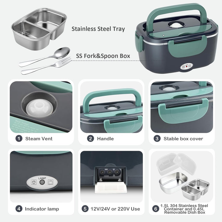 Elektrische Lunchbox 100W, 3-In-1 tragbare beheizte Lunchbox, 1,5L Edelstahl Entnehmbare brotdose, 1