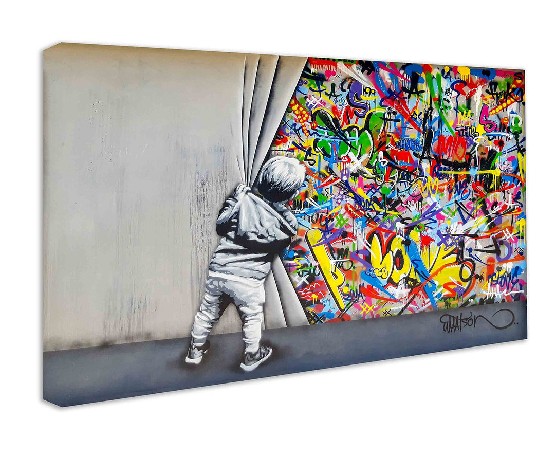 Wandbilder Bilder Banksy like - Junge hinter dem Vorhang - Wandbild auf Leinwand, hochwertige Street