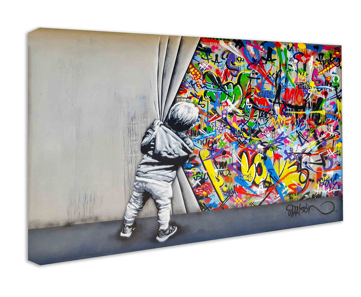 Wandbilder Bilder Banksy like - Junge hinter dem Vorhang - Wandbild auf Leinwand, hochwertige Street