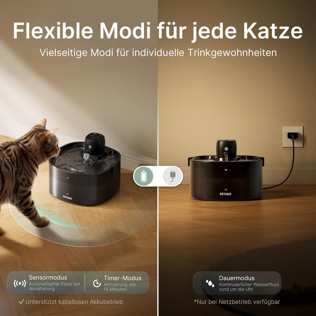 Katzenbrunnen kabellos, 2.3L Trinkbrunnen für Katzen mit 4000mAh Akku, batteriebetriebener Katzentri