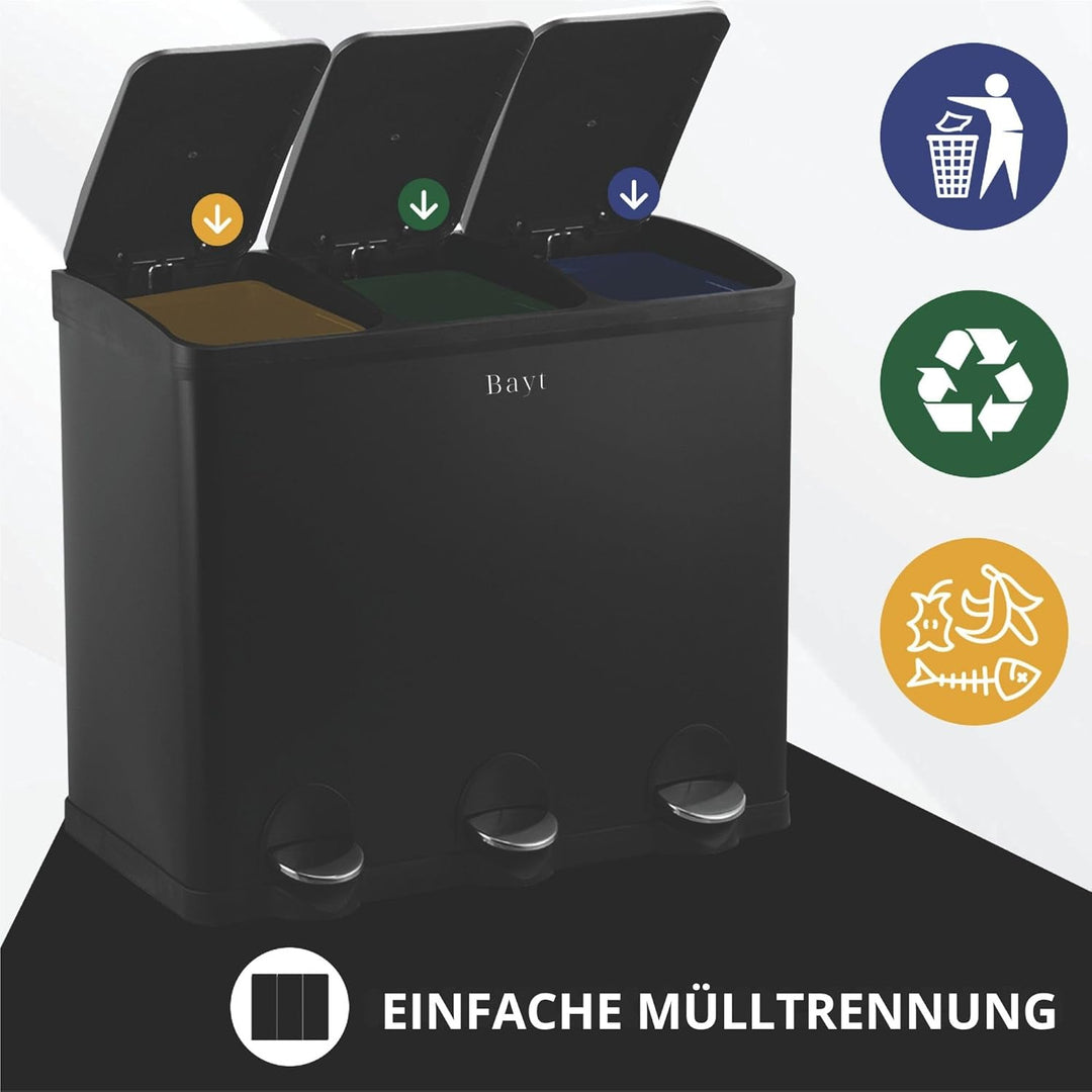 Bayt Mülleimer 60L (3x20L) – Mülltrennsystem 3 Fächer für die Küche – XXL Treteimer aus Edelstahl (R