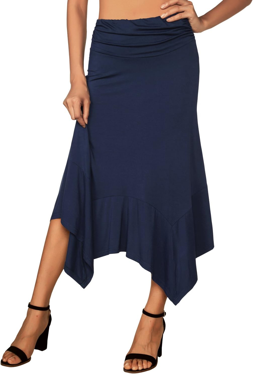 DJT Damen Elastisch Plissierte Taille Elegant Rock A-Linie Faltenrock Midi Rock mit Taschentuch Saum