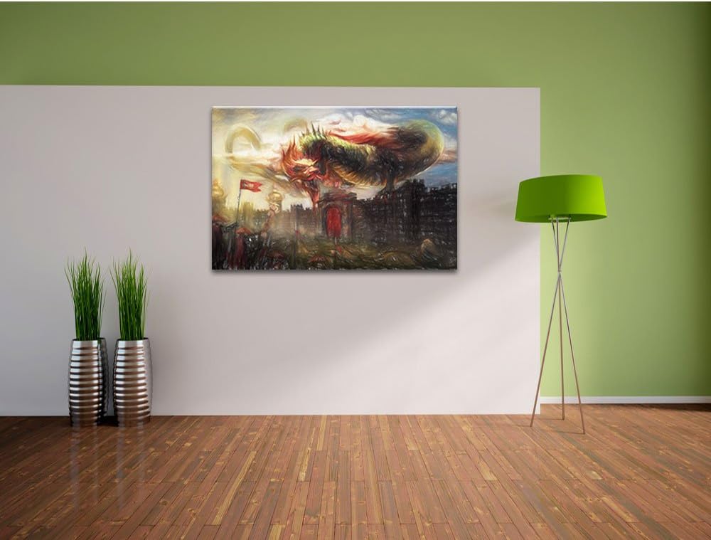 Pixxprint Drache über der Festung als Leinwandbild/Grösse: 100x70 / Wandbild/Kunstdruck/fertig bespa