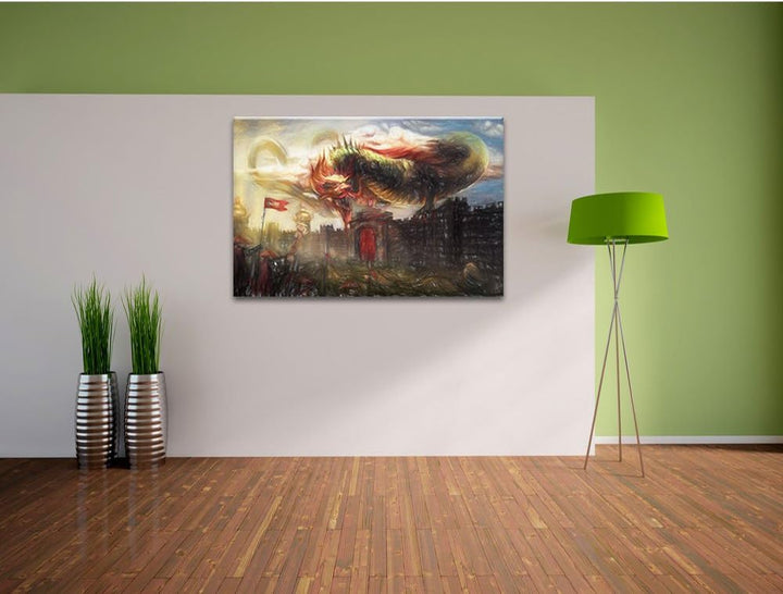 Pixxprint Drache über der Festung als Leinwandbild/Grösse: 100x70 / Wandbild/Kunstdruck/fertig bespa