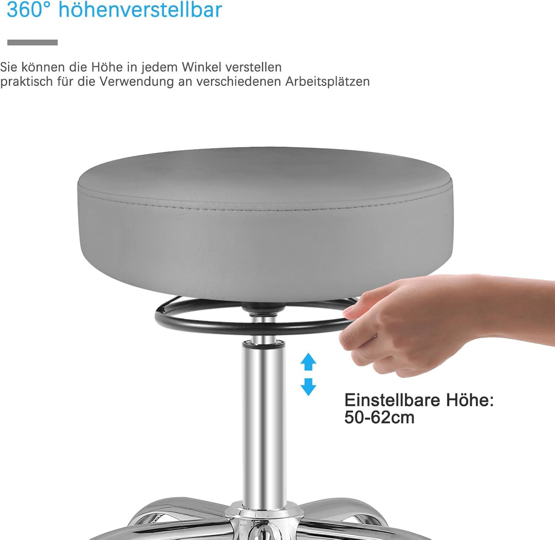 Rollhocker höhenverstellbar mit Rollen - 50-62cm，bis 180 kg belastbare Arbeitshocker，360° Drehhocker