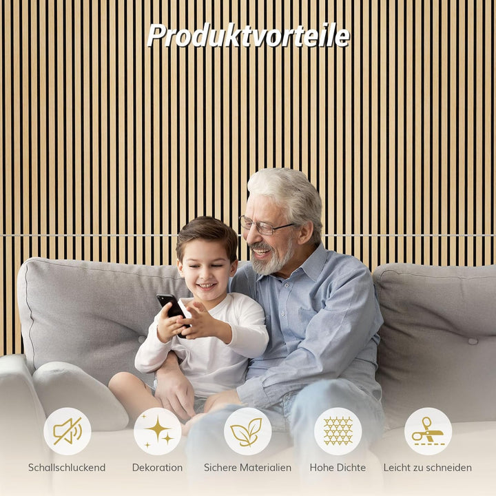 TONOR Holzfurnier Akustikpaneele selbstklebend,1,44m²-2 Stück 120x60x1,9cm 3D Wandpaneele Holzoptik,
