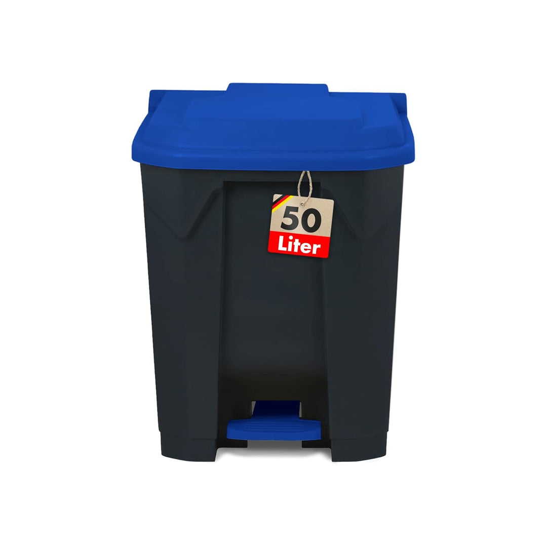 Floordirekt Mülleimer 50 Liter, blauer Deckel, Abfalleimer für Küche und Büro, Mülltrennsystem, Tret