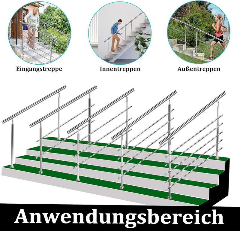 NAIZY Edelstahl-Handlauf Geländer Treppengeländer mit 2 Pfosten für Balkon Treppen Innen und Aussen