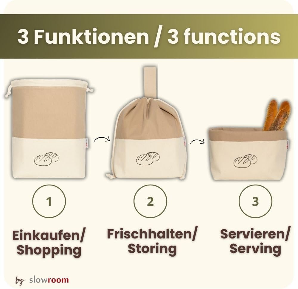 slowroom Brotbeutel zur Brotaufbewahrung und Frischhalten 3 in 1 - Brotkorb Stoff - Brottasche aus B
