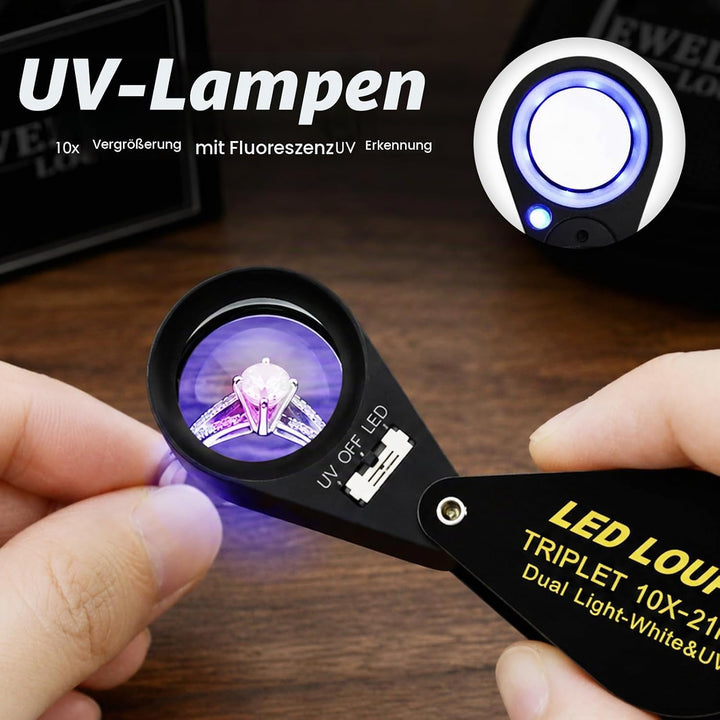 10x21mm Lupe Juwelier Lupe LED UV-Licht Triplet Objektiv Vergrösserungsstein Optisches Werkzeug 10-f