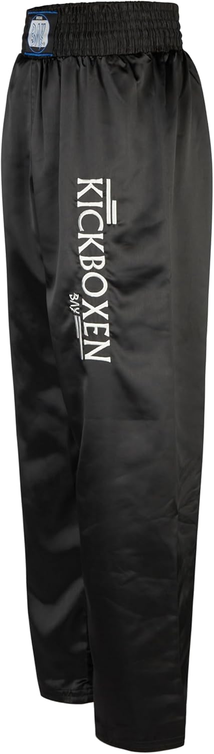 BAY® "EDEL Stick Kickboxhose, komplett schwarz, gestickter Schriftzug Kickboxen, Thaiboxhose lang, H