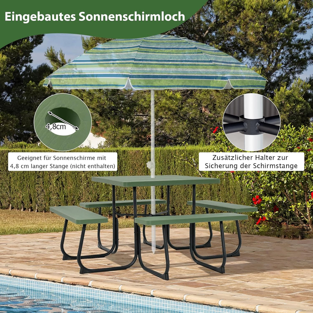COSTWAY Sitzgarnitur für 8 Personen, Picknicktisch mit Schirmloch & 4 Bänken, quadratischer Gartenti