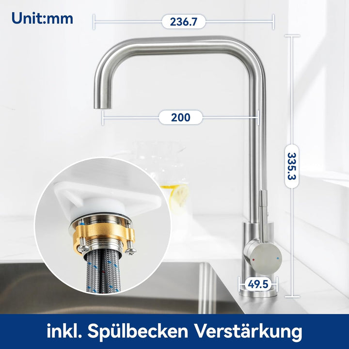 CECIPA Niederdruck Armatur Küche, 360° Drehbare Küchenarmatur Niederdruck, Wasserhahn mit 3xG3/8 Ans
