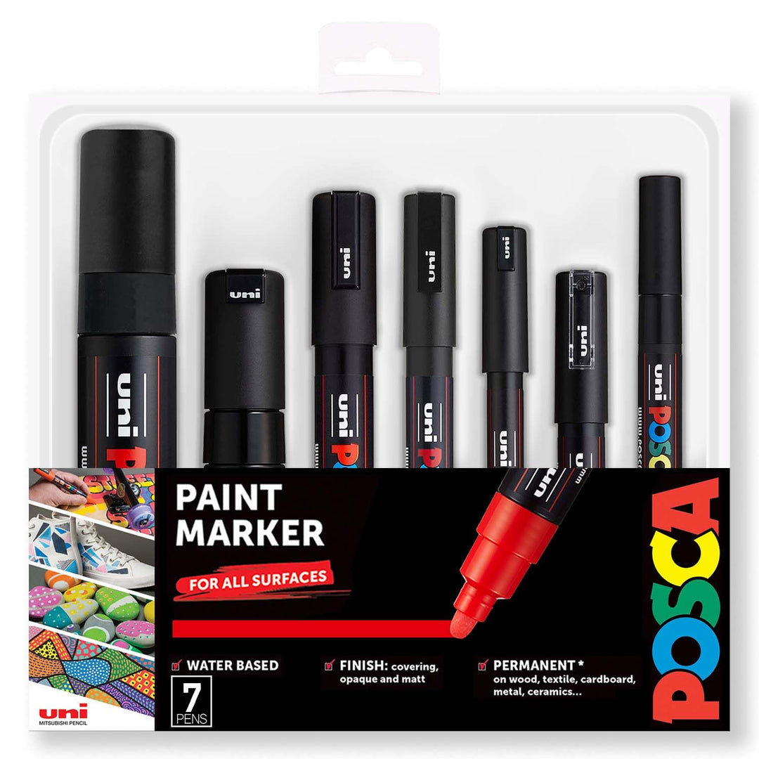 POSCA - Schwarz - Komplettset mit 7 Stiften (PC-17K, PC-8K, PC-5M, PC-3M, PC-1M, PC-1MR, PCF-350)