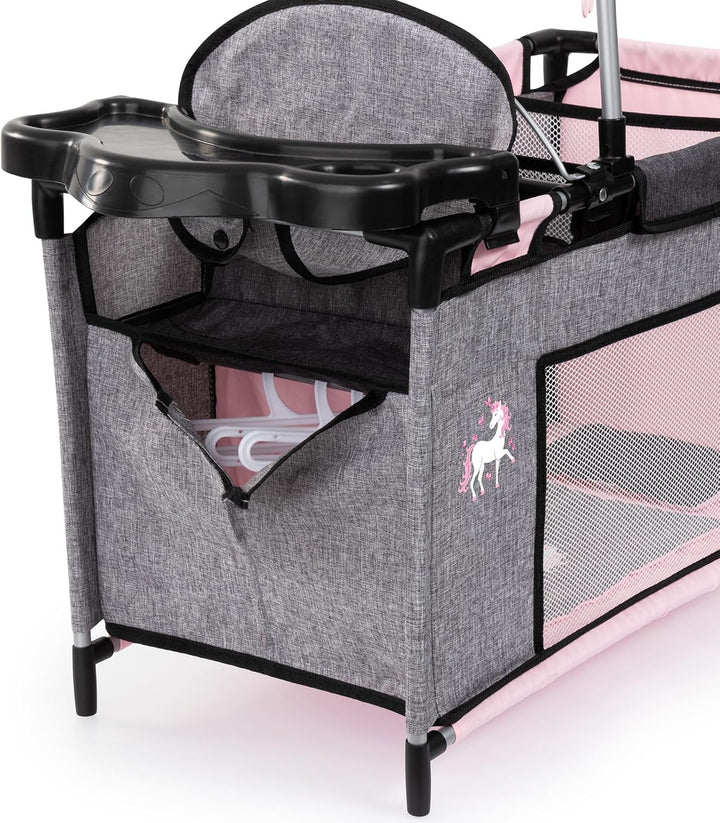 Bayer Design 62633AB Puppenbett mit Schrank, Sitz, Mobile, Ablage, Bettdecke, Kissen, Jeans-grau, ro