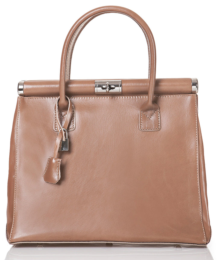 Henkeltasche Monaco Cappuccino Braun, Tragetasche aus echtem Leder, Frauenhandtasche Made in Italy,