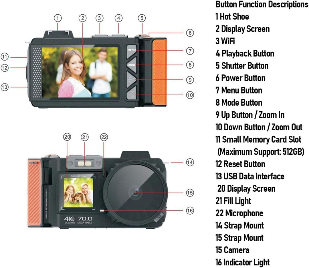 DSLR -Kamera, 70MP 4K 50x Zoom Auto Focus Weitwinkel F1.8 Digitalkamera mit Doppelbildschirm für das