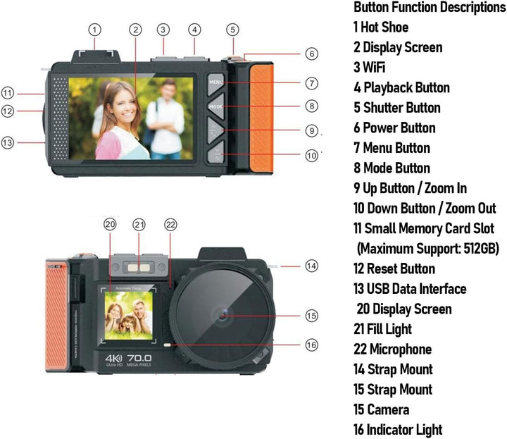 DSLR -Kamera, 70MP 4K 50x Zoom Auto Focus Weitwinkel F1.8 Digitalkamera mit Doppelbildschirm für das